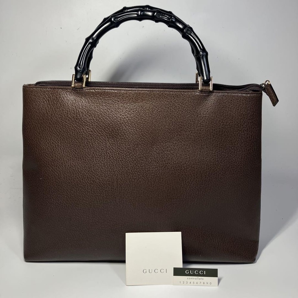 Gucci Dark Brown Leather Bamboo Handle Tote Handbag