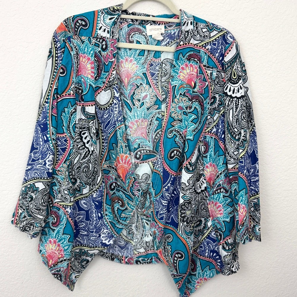 Chico's Womens Open Front Blouse Top Size L 100% Linen Paisley Summer Resort