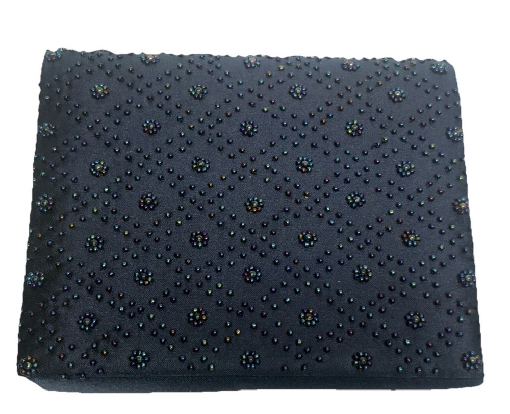 La Regale Navy Blue Beaded Evening Clutch Purse With Strap