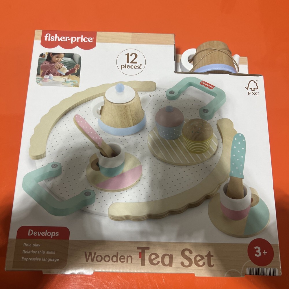 Fisher-Price Wooden Tea Party Set for Preschool Pretend Play - 12-Pieces