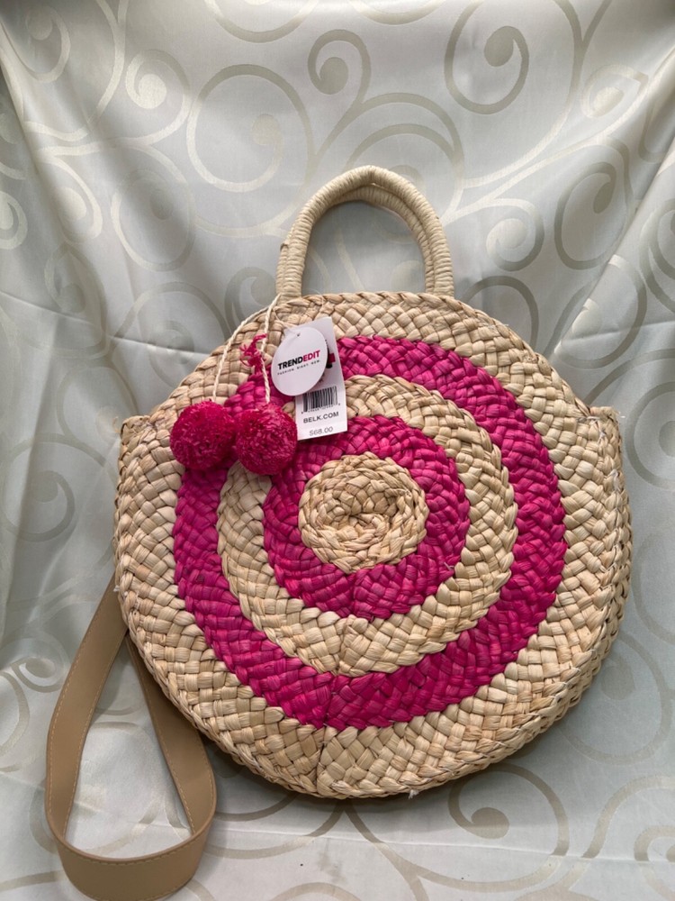 NWT Straw Corn Husks Beach Bag pink pom poms shoulder strap