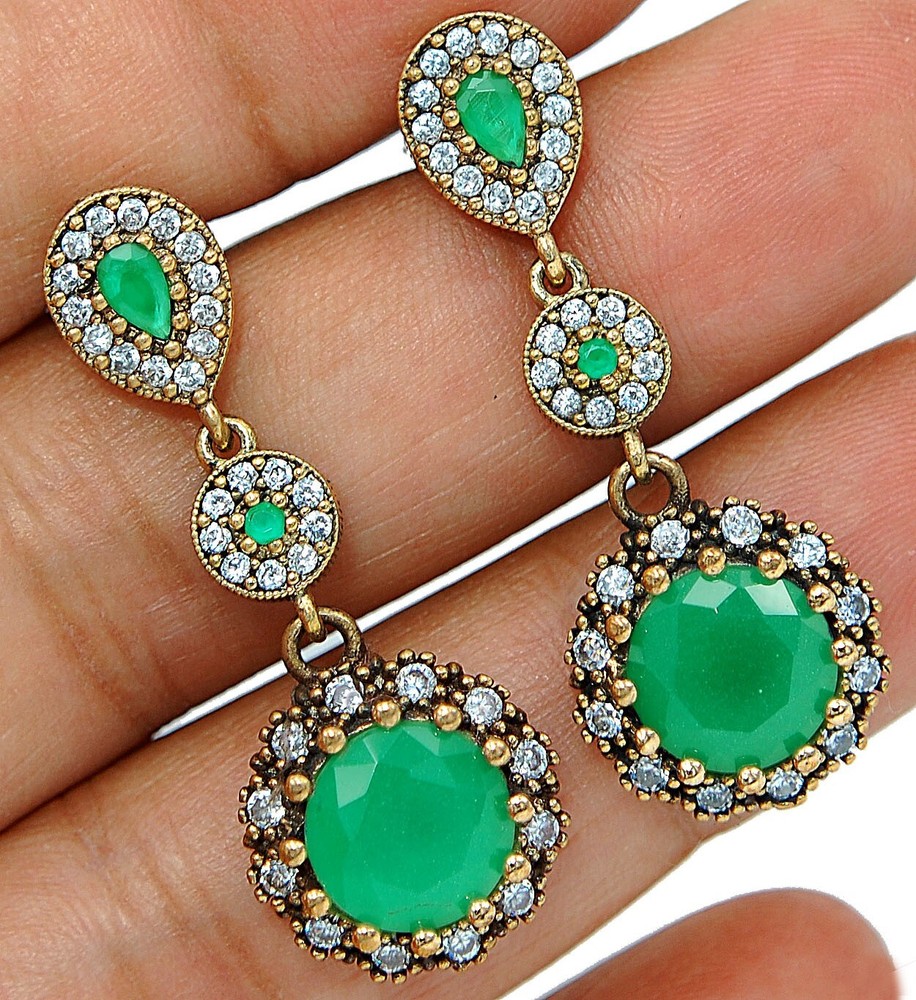 Vintage Ottoman Empire Inspired 8CT Treated Emerald 925 Sterling Silver Dangle Earrings TE1531  