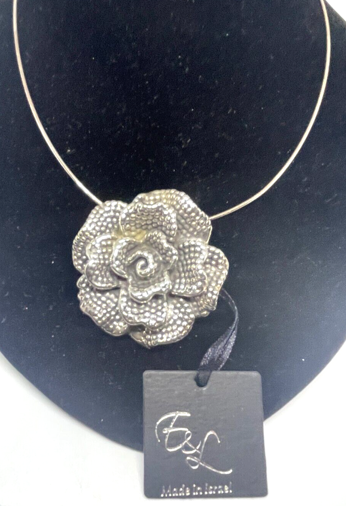 E&L Sterling Hammered Silver Electroform Flower Pendant Necklace over a Wax Core