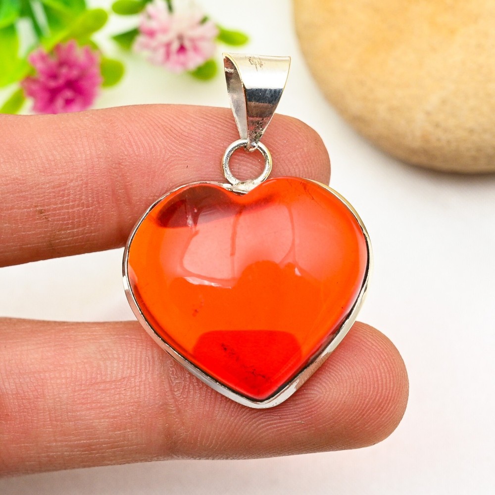 Red Carnelian Heart Pendant in 925 Sterling Silver Handmade Gift