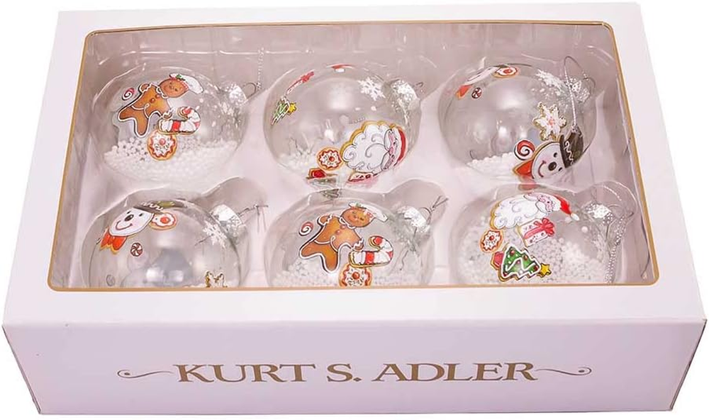 80MM Gingerbread, Snowman and Santa Glass Ball Ornaments, 6-Piece Set