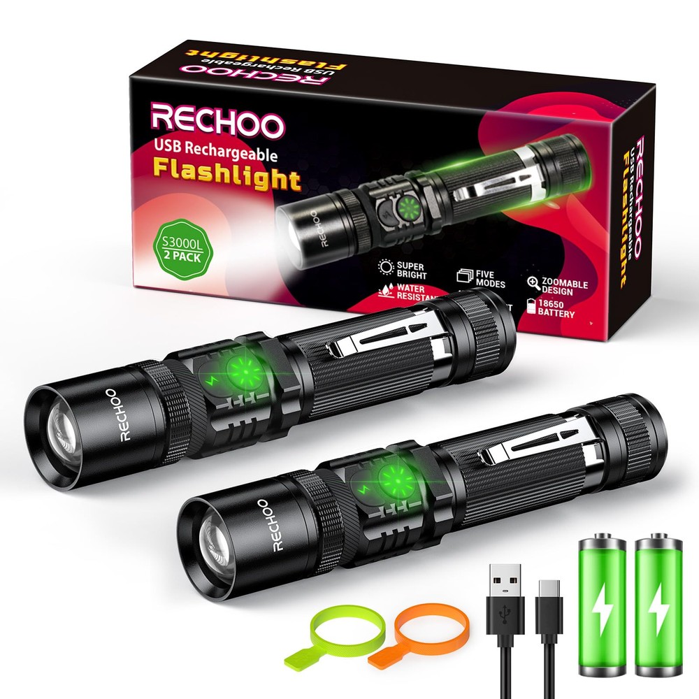 2 Pack Rechargeable Tactical Flashlight High Lumens LED Light