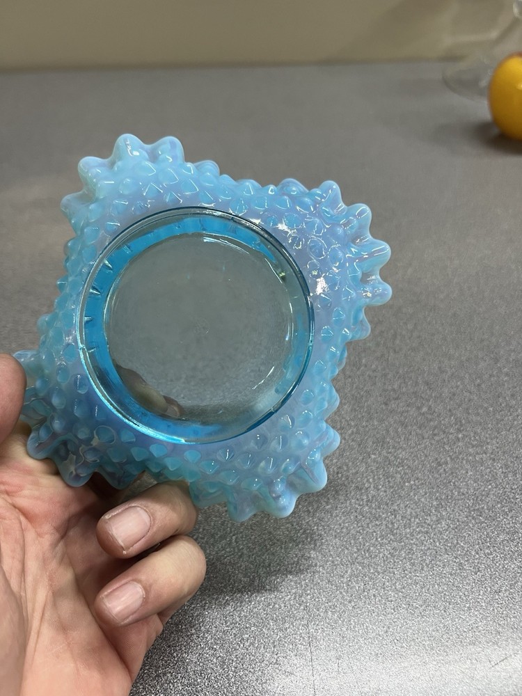VTG Fenton Art Glass Bon Bon Dish Opalescent Blue Hobnail Double Crimp Ruffle