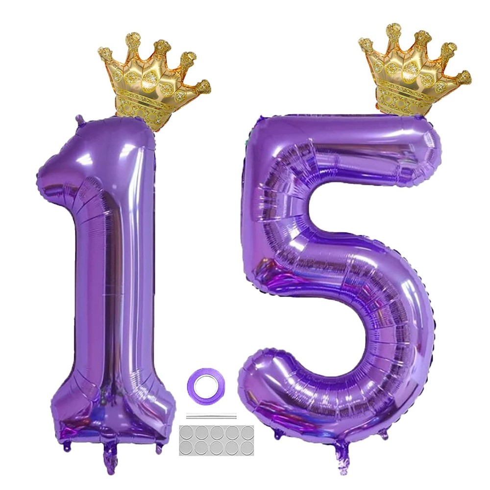 Purple 15 Number Balloon 40 inch Jumbo Foil Balloons with Detachable Crown Fo...