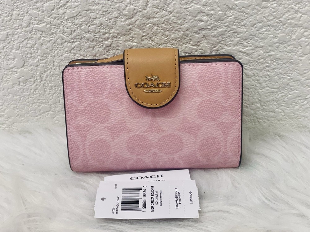 NWT COACH CEC29 Medium Corner Zip Wallet Signature Canvas Leather Powder Pink