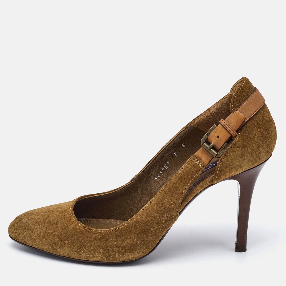 Ralph Lauren Collection Tan Leather and Suede Buckle Pumps Size 38