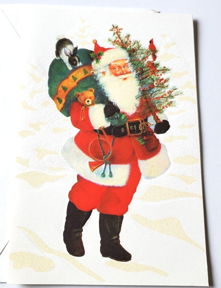 Vintage Christmas Card Glittery Santa Holding Tree with Cardinal Bunny Bear Horn