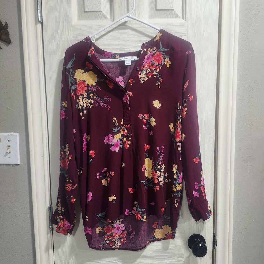 Old Navy Floral Tunic Top Women’s Large Burgundy Long Sleeve Boho Blouse Rayon