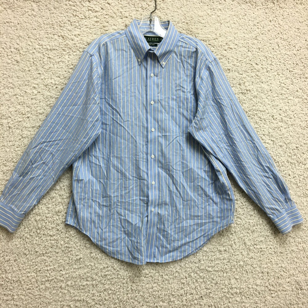 LRL Ralph Lauren Button Down Shirt 16 Mens Blue Non Iron Striped Pockets 34/35