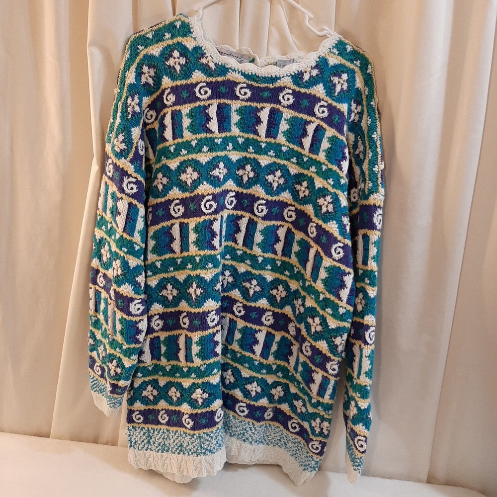 Signature by Northern Isles Colorful Sweater 2XL Hand Knitted Blues and Greens