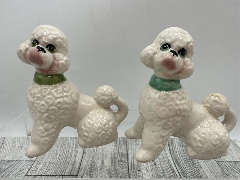 Ceramic Poodle Figurines Lot of 2 Green Collar Blue Eye 3.5