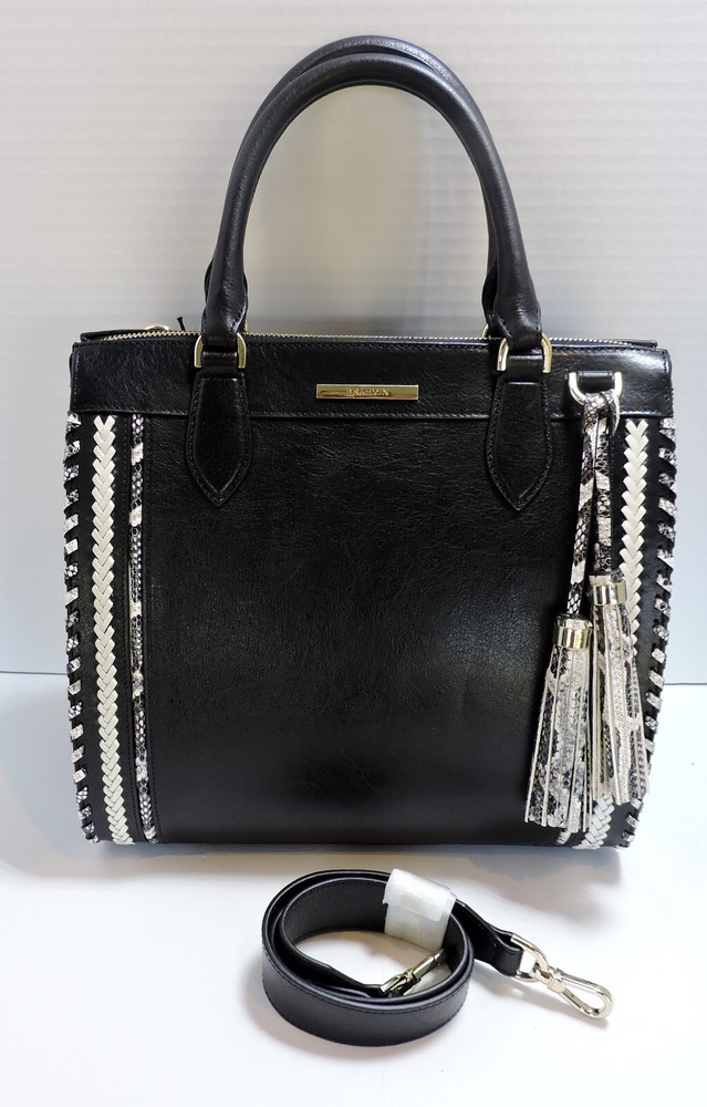 Brahmin Caroline Black Blazer White Braid Snake Smooth Leather Satchel Tote NWT