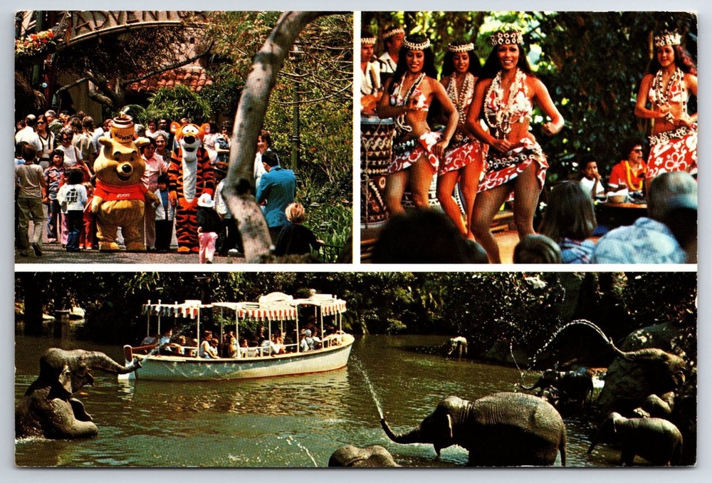 1980s Tiki Time Hula Disneyland Adventureland Postcard Jungle Cruise Pooh Tigger