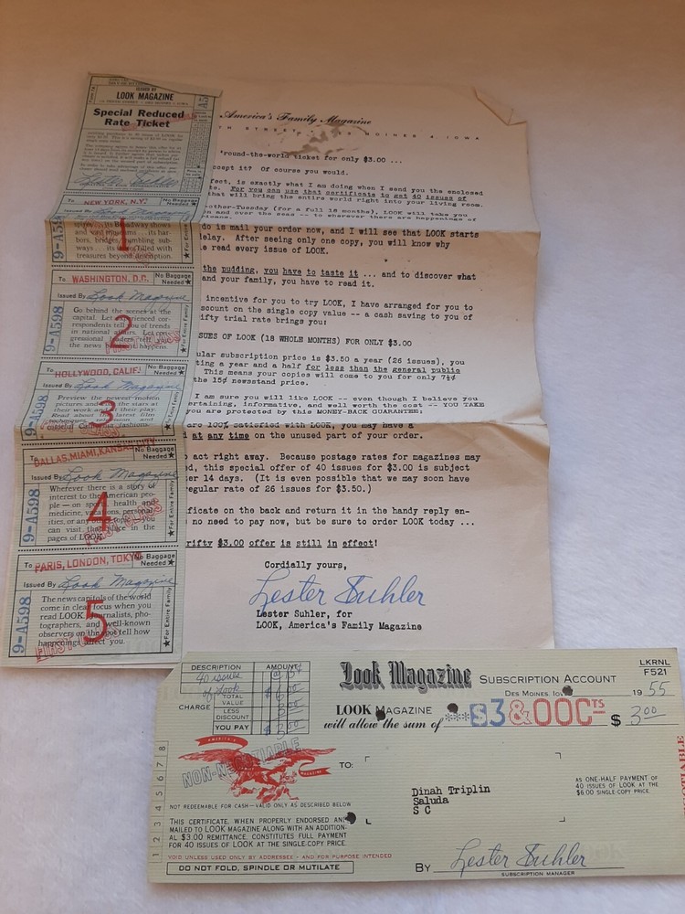 1955 Look Magazine Novelty Bank Check Discount Coupon Subscription Letter Vtg