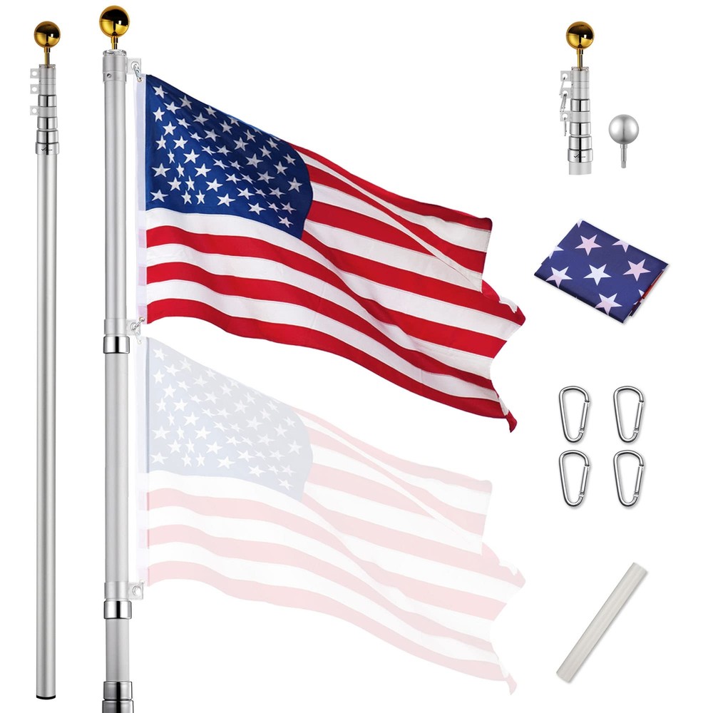 Yescom Upgraded 25 ft Telescopic Heavy Duty Aluminum Flag Pole Kit Fly 2 Flag...