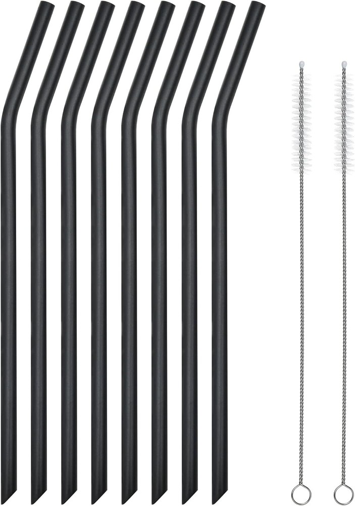 Reusable Black Silicone Drinking Straws, 8 Pcs Long Flexible Straws with 2 Clean