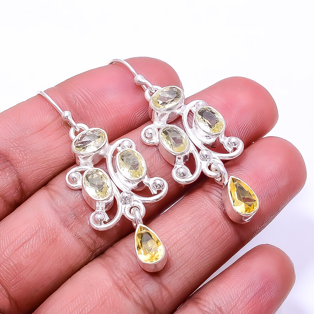 Lemon Quartz Multi Collet 925 Sterling Silver Earrings 1.95 Inch Valentine Gift E17