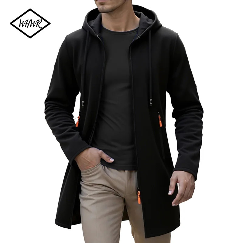 Spring Autumn Men's Hooded Long Jackets Solid Kintting Cardigan Outwear Casual M