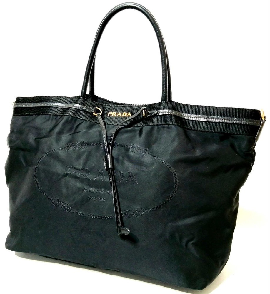 RARE PRADA Logo Jacquard Nylon Tote Bag in Black