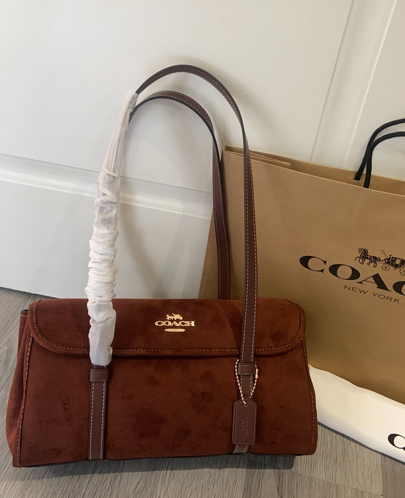NWT Coach Bridget Flap Shoulder Bag CDB06 suede/Gold/Vintage Brown/Maple