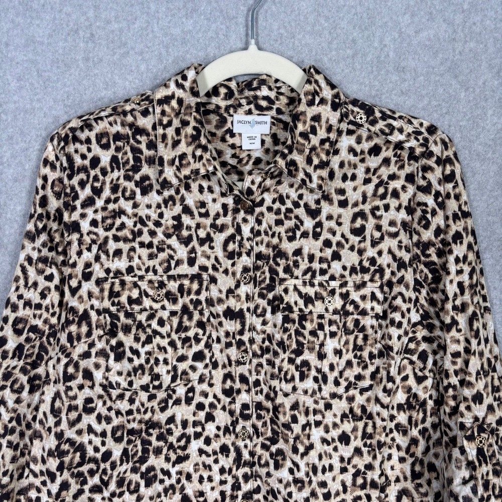 Jaclyn Smith Utility Shirt Blouse Medium Leopard Button Down Safari Thin Cotton