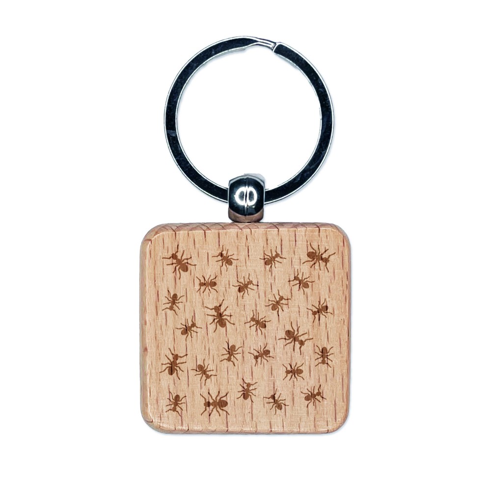 Picnic Ants Engraved Wooden Square Keychain Charm with Rustic Design  