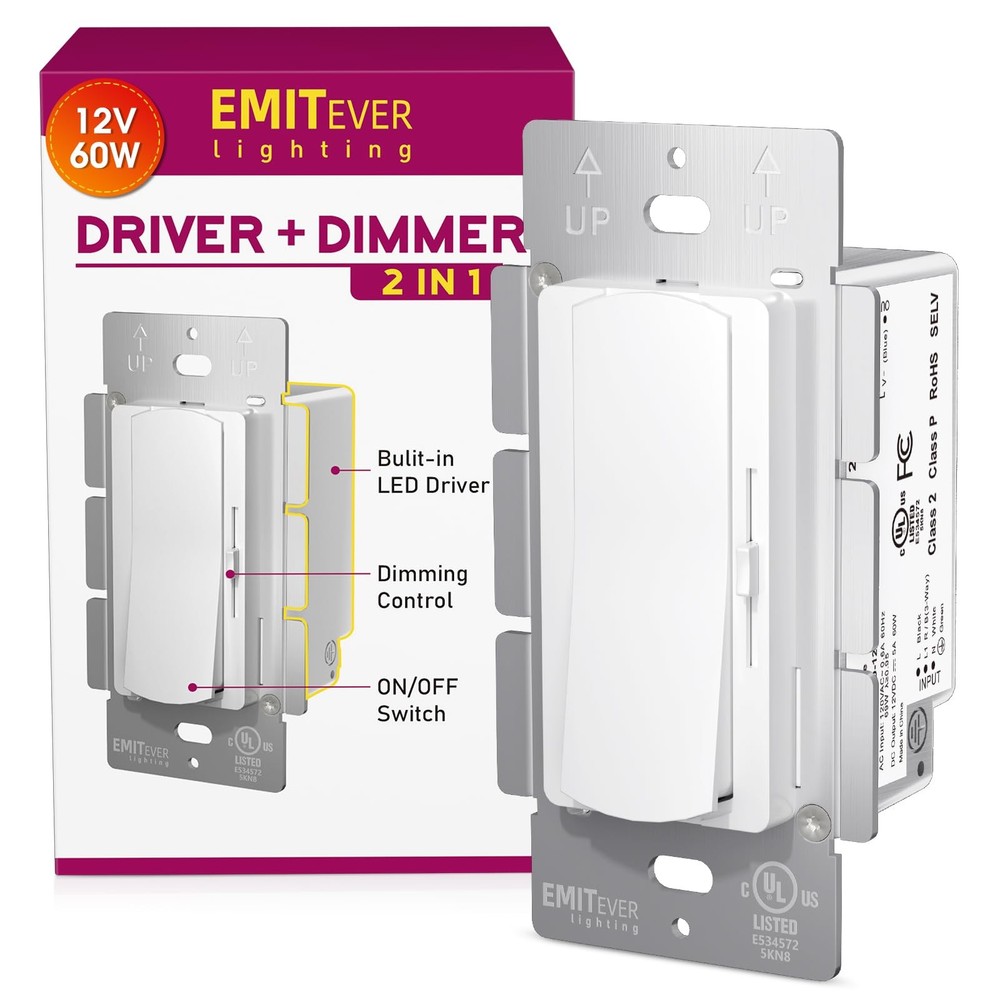 Dimmer Light Switch & 12V 60W Dimmable Driver 2 in 1, UL Listed Single-Pole o...