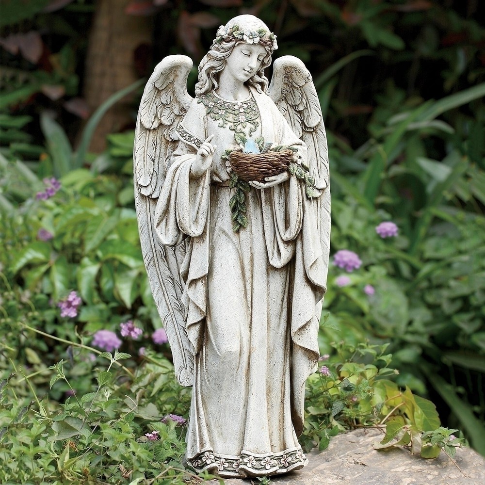 HEAVENLY ANGEL HOLDING A BIRDS NEST GARDEN STATUE