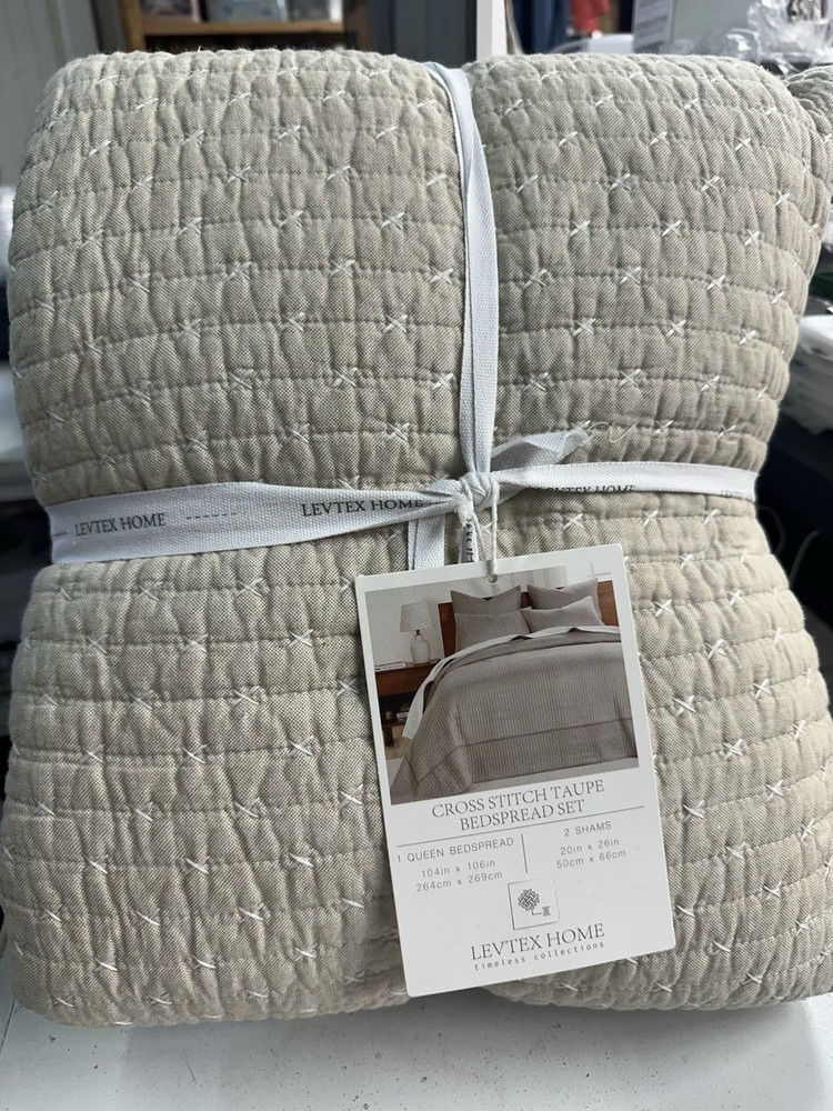 LevTex Home Cross Stitch Taupe Bedspread Set - 3 PC Queen Set