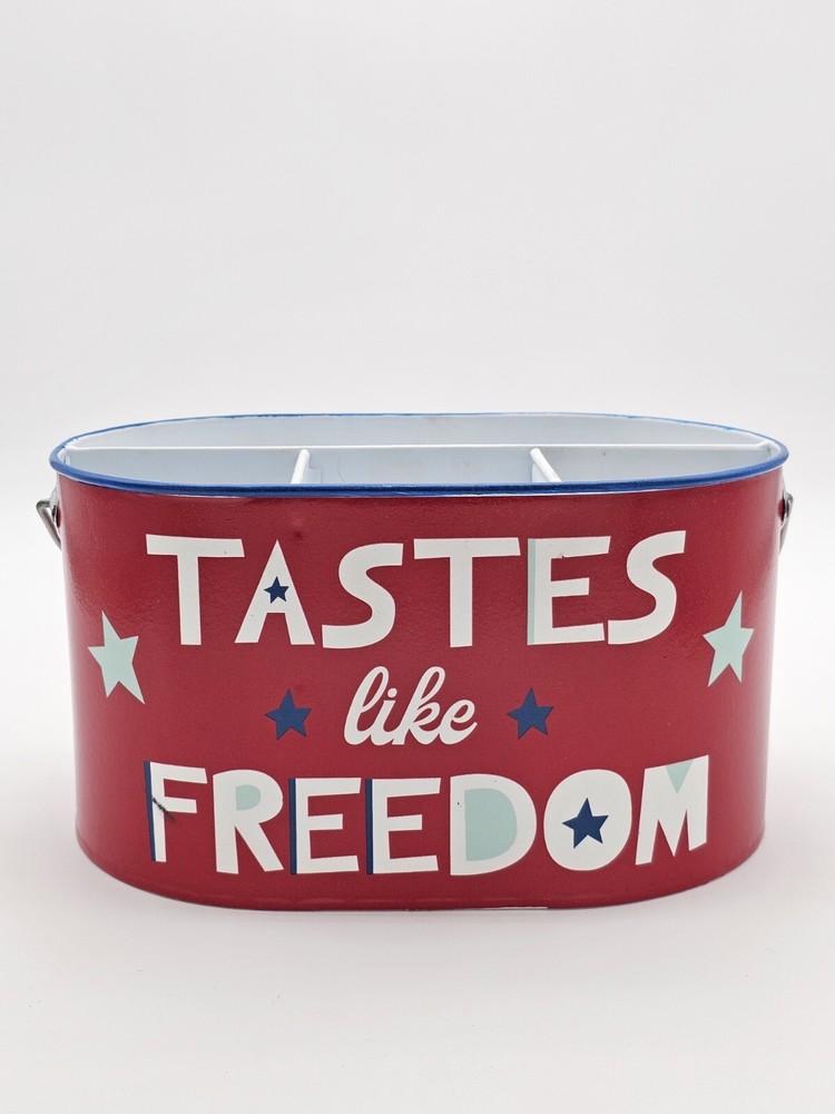 Patriotic 4th of July Metal Storage Bin Red with Stars 9.75x6.75x5.5 Inches