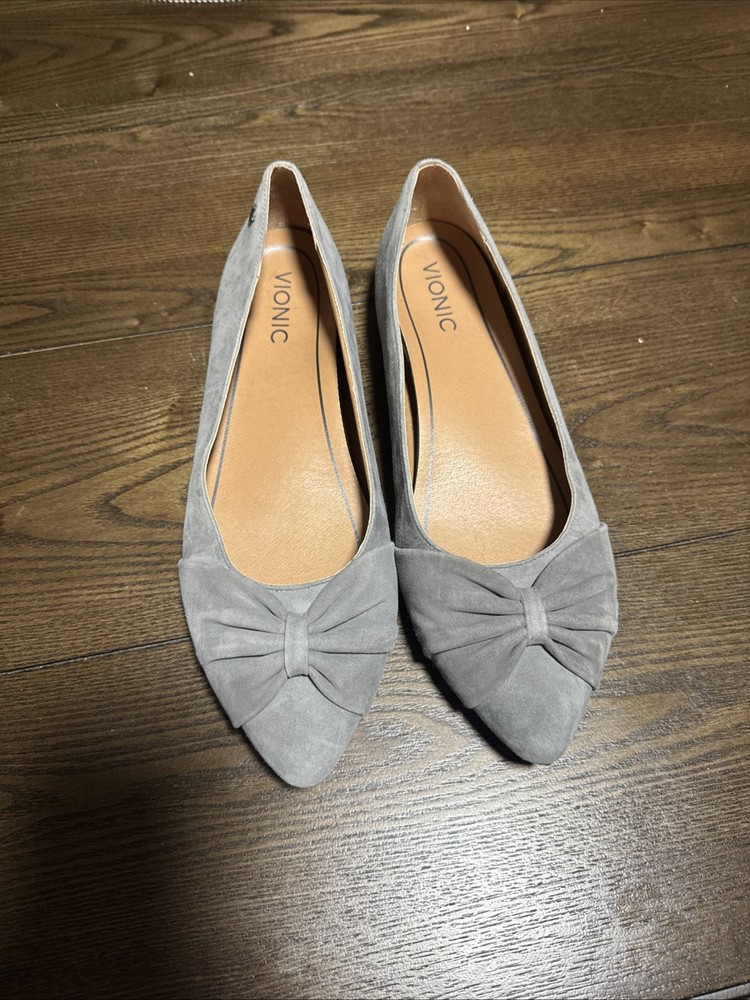 Vionic Gramercy Gray Suede Pointed Bow Slip On Shoes Size 9