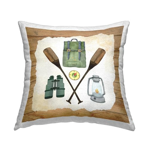 Various Camping Gear Rustic Grain Pattern Outdoor Printed Pillow, 18 x 18, Brown