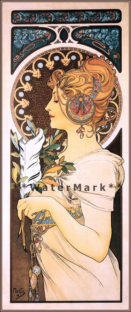 Vintage Art Nouveau Lady Quill 1809 Mucha Retro Poster Print
