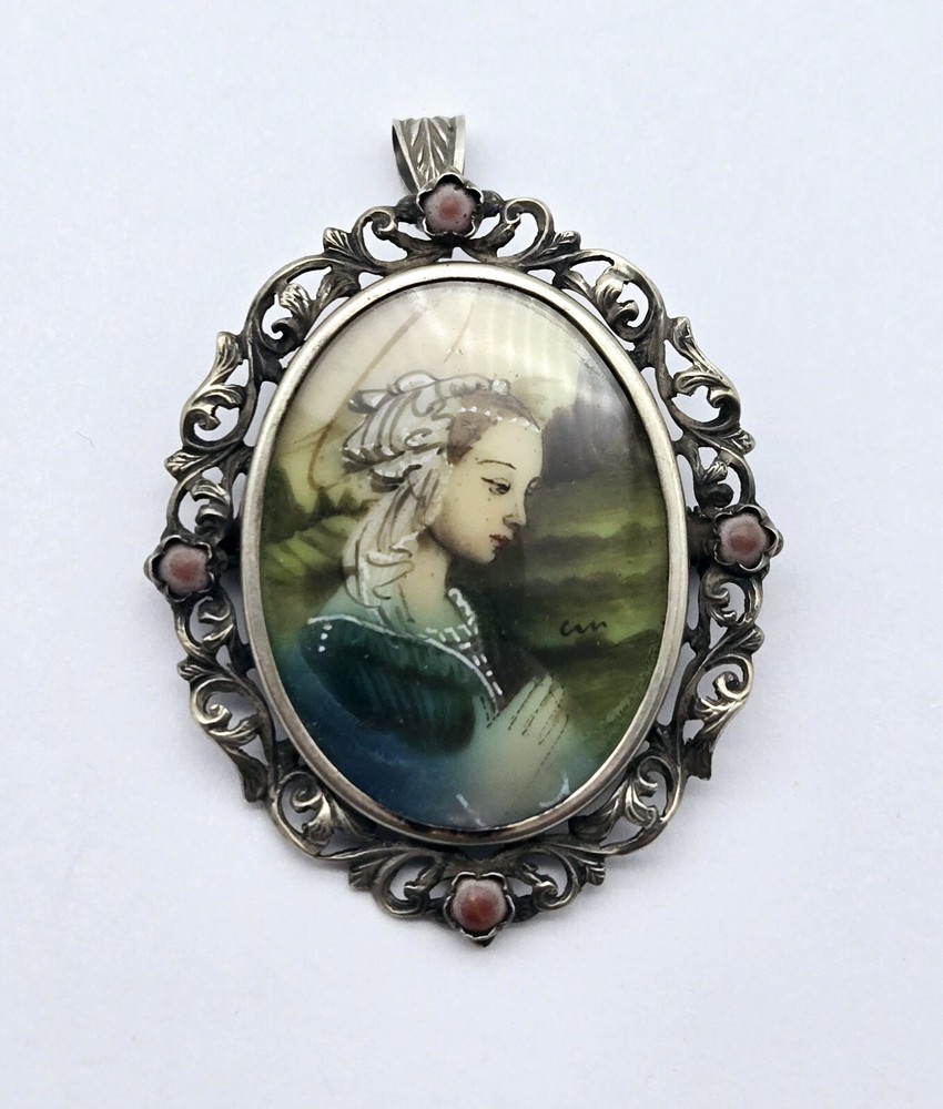 Antique Hand Painted Portrait Young Woman Pin Brooch Pendant 800 Silver - 8.6g