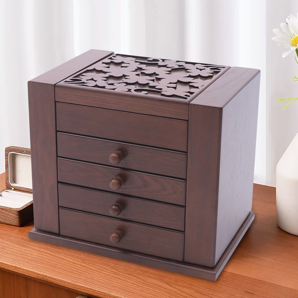 5-Layer Vintage Wooden Jewelry Organizer with 4 Drawers