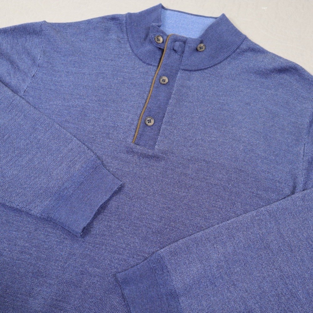Orvis Merino Wool Sweater Mens 2XL Blue Henley 1/4 Zip Mock Neck Lightweight
