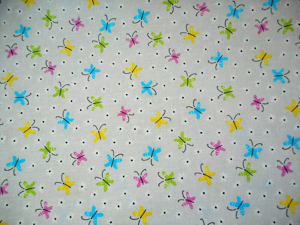 Cotton Fabric By Half-Yard Sm Yellow Pink Grn Turquoise Butterfly on Lt Gray #C