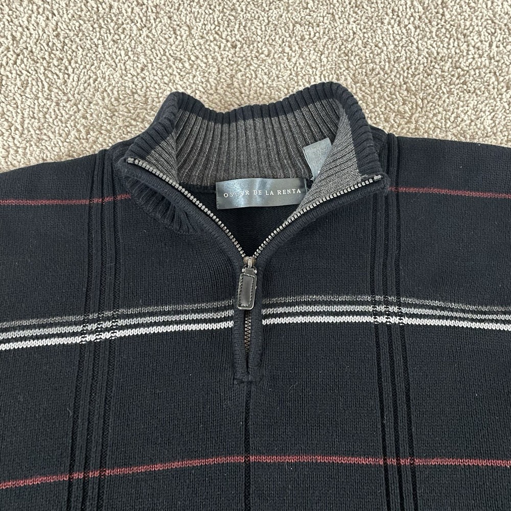 Oscar De La Renta Sweater Mens XL Black Striped 1/4 Zip Pullover 100% Cotton T44
