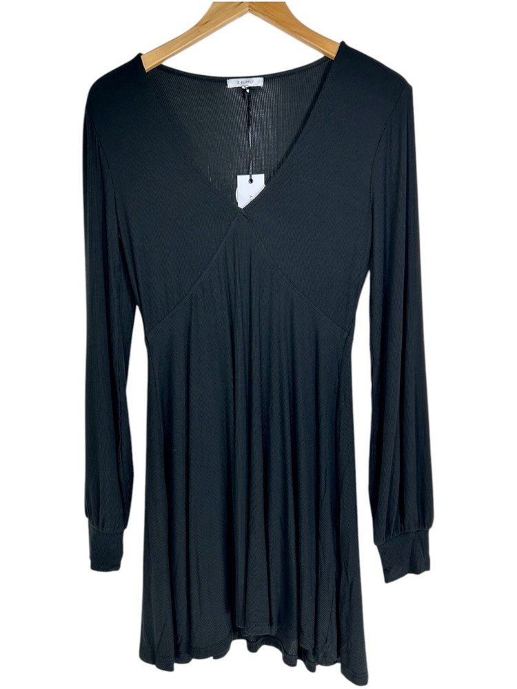 Z Supply мини-платье Sz L микро ребристый черный VNeck длинным рукавом платье минималистский