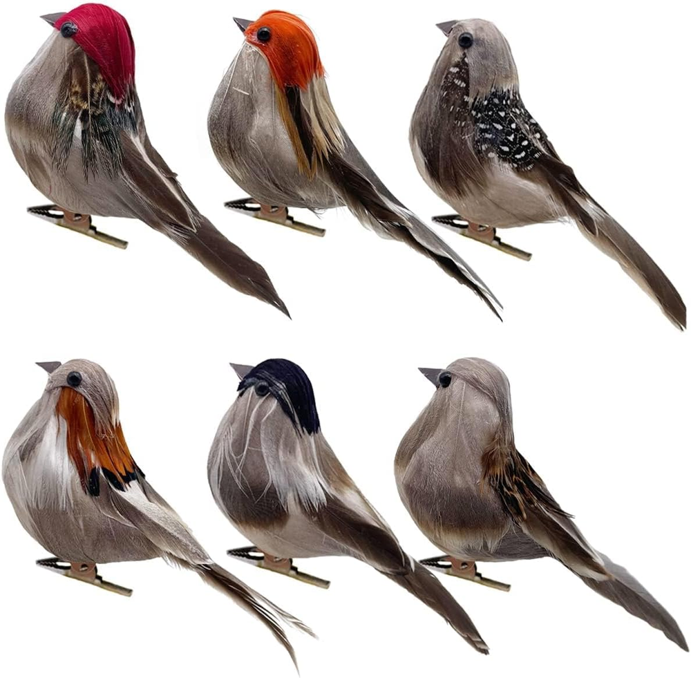 6PCS Clip on 3D Small Artificial Sparrow 3.9Inch Feather Birds Ornaments for Cra