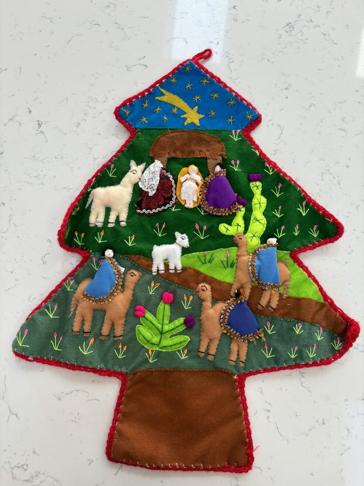 Vintage Handmade in Peru Christmas Tree  Appliqued Patchwork  Nativity Scene