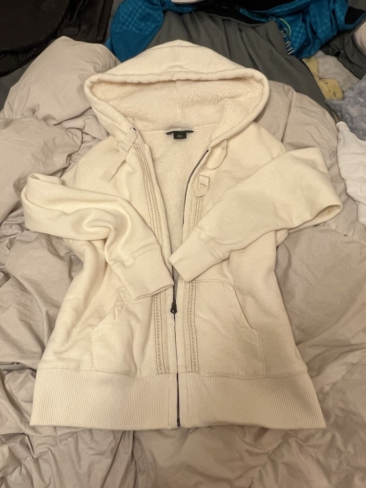 Eddie Bauer Women's Cream Zip Up Hoodie Size M With Fur Lining