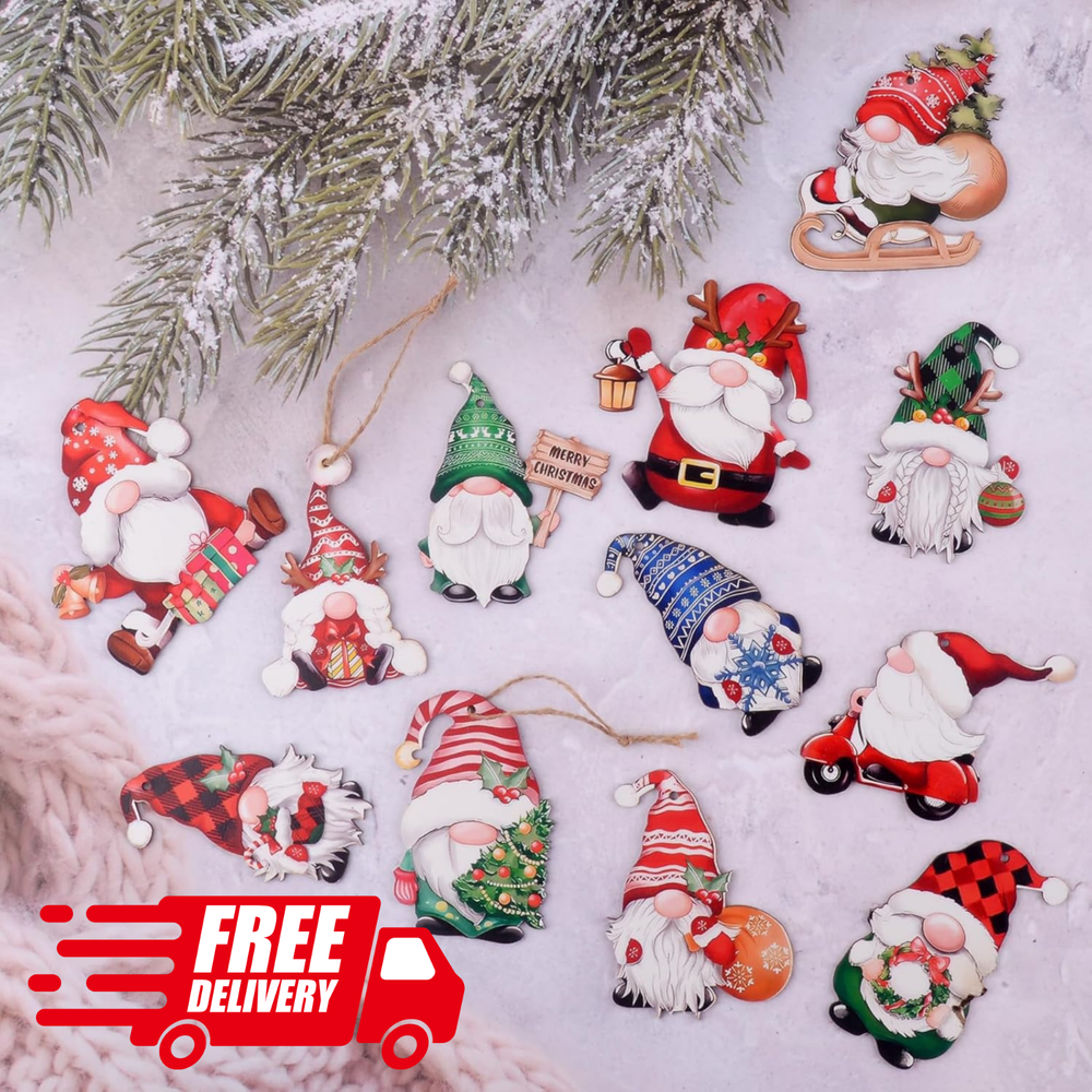 24 Pcs Christmas Gnome Ornaments, Christmas Tree Christmas Wreaths Gnome Wooden