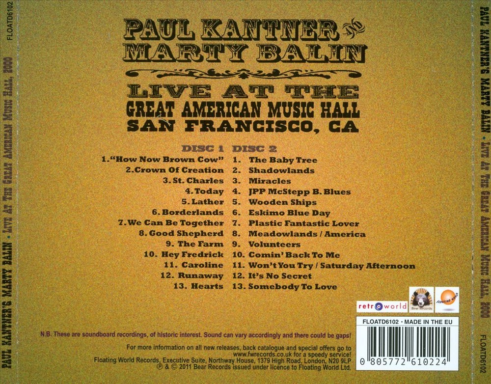 PAUL KANTNER/MARTY BALIN LIVE AT THE GREAT AMERICAN MUSIC HALL, 2000 NEW CD