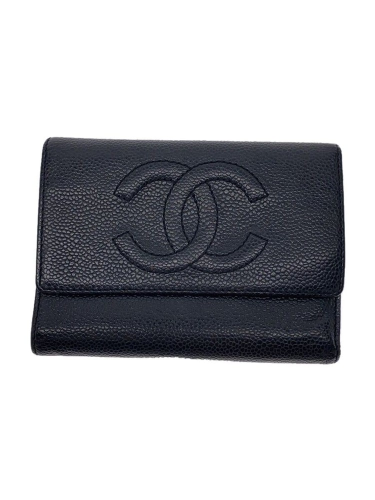 CHANEL Coco Mark Caviar Leather Tri-Fold CC Wallet Black Pre-Owned Excellent Condition