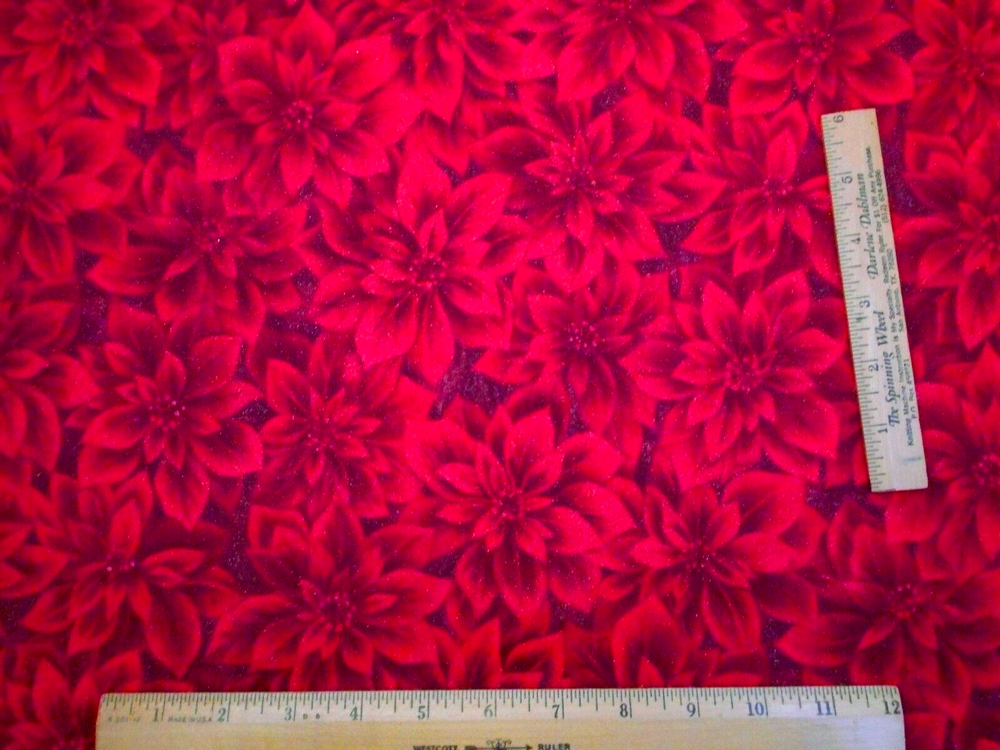 Christmas Fabric Short Yard Packed Red Poinsettias Metallic Gold Cotton #27 Vtg